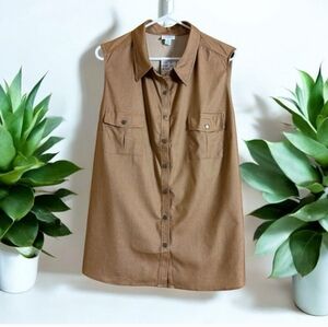 NWT LulaRoe ROXANNE Tan Snap Tank Sleeveless Fitted Collared Shirt‎ 2XL